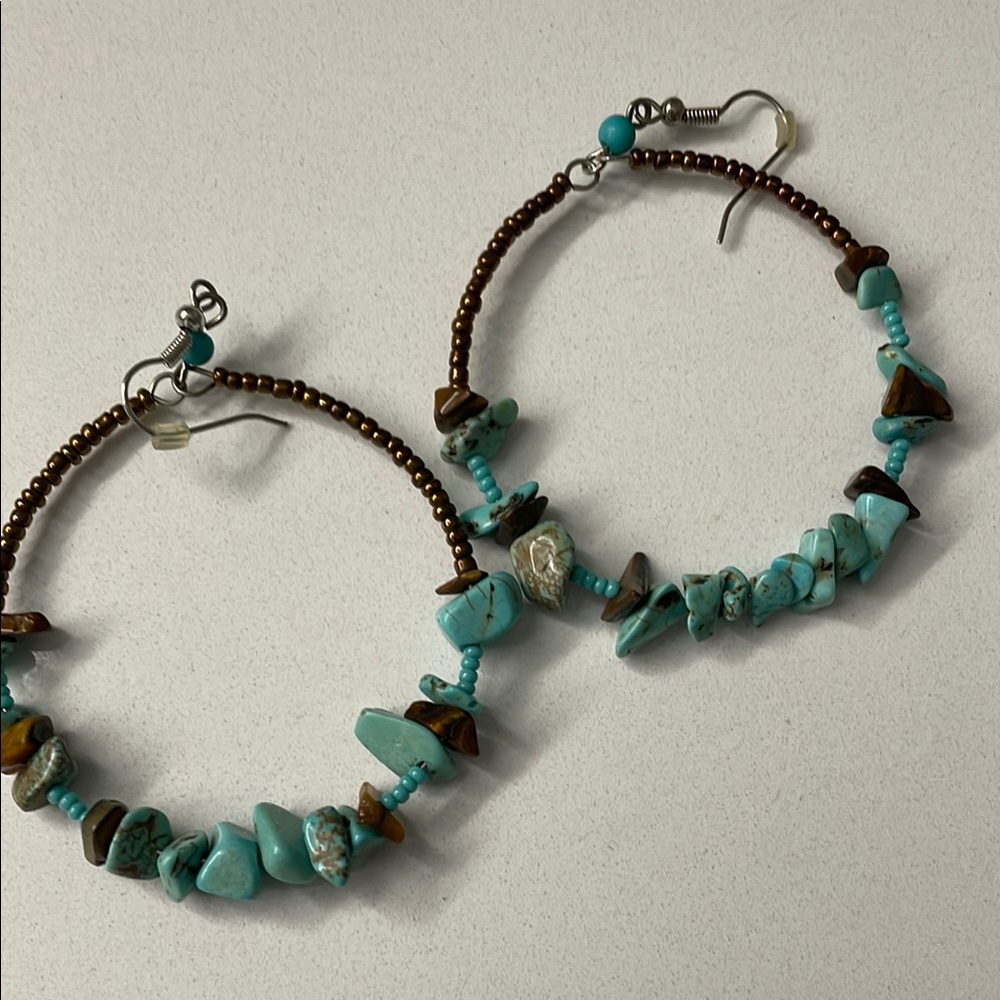 Turquoise and Brown Beaded Hoop Earrings